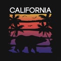 California slogan for t-shirt typography with bear and palm trees silhouettes. Graphics for tee shirt design. Vector. Royalty Free Stock Photo