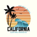 California slogan for t-shirt typography with waves and palm trees. Surf tee shirt design, surfing apparel print. Vector