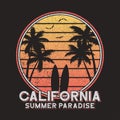 California slogan typography for design clothes, t-shirts. Surf tee shirt design with palm trees and surfboard. Vector Royalty Free Stock Photo