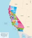 California state counties colored by congressional districts vector map with neighbouring states and terrotories