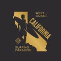 California state t-shirt design with surfer silhouette. Vector illustration.