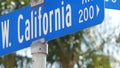 California street road sign on crossroad. Lettering on intersection signpost, symbol of summertime travel and vacations. USA Royalty Free Stock Photo