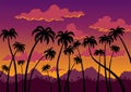 California sunset landscape. Coast wallpaper with black silhouette palm trees. Nature panorama of scenic violet-orange Royalty Free Stock Photo