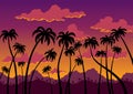 California sunset landscape. Coast wallpaper with black silhouette palm trees. Nature panorama of scenic violet-orange Royalty Free Stock Photo