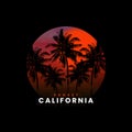 California sunset logo badge on black background graphics for t-shirts and other print production. Palm tree silhouette concept. Royalty Free Stock Photo