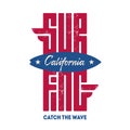 California Surfing - original tee shirt graphics, vector. t-shirt design or print with lettering and surfboard silhouette. Royalty Free Stock Photo