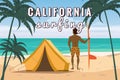 California Surfing. Surfer with surfboard, tent camping on the tropical beach, palms. Summer vacation coastline beach