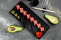 California sushi style rolls, with raw vegetables, food border background Royalty Free Stock Photo