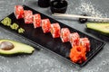California sushi style rolls, with raw vegetables, food border background Royalty Free Stock Photo