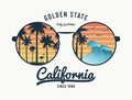 California t-shirt design with color sunglasses with palm trees silhouette, flamingo and waves. Sun glasses print for tee shirt
