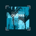 California t-shirt design with palm trees at blue grunge texture. Typography graphics for tee shirt design. Vector