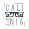 California t-shirt design with sunglasses with palm trees silhouette. Sun glasses print for tee shirt with slogan, tropical palms