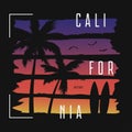 California t-shirt typography with color gradient brushes and palm trees silhouettes. Trendy apparel design. Surfing tee shirt. Royalty Free Stock Photo