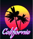 California t-shirt typography sunset print design. Poster retro palm tree silhouettes Royalty Free Stock Photo