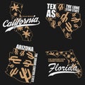 California, Texas, Arizona and Florida typography graphics set for t-shirt, clothes. Print for apparel with palm trees, cactus. Royalty Free Stock Photo