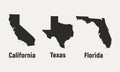 Set of 3 American states icons. California, Texas, Florida, USA. Vector illustration
