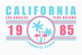 California typography for t-shirt with slogan. Los Angeles fashion graphics with palm tree and flamingo for design clothes. Vector