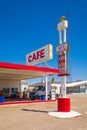 Gas station with cafe sign along historic Route 66 road in Californian desert. United States Royalty Free Stock Photo