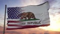 California and USA flag on flagpole. USA and California Mixed Flag waving in wind. 3d rendering Royalty Free Stock Photo