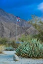 CALIFORNIA, USA - NOVEMBER 27, 2019: the flag of the USA and California on the background of the mountains. Agave in the