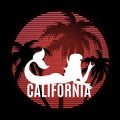 California. Vector hand drawn trendy illustration with silhouette of mermaid with palms isolated