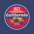 California 1977 - vector illustration concept in vintage graphic style for t-shirt and other print production. Palms, sun