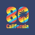 California 80 - vector illustration concept in vintage graphic style for t-shirt and other print production. Palms, sun Royalty Free Stock Photo