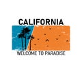 California welcome to paradise lettering with palms illustration. California long beach. Retro vintage tee print. Grunge Royalty Free Stock Photo