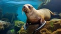 Californian sea lion (Zalophus californianus) posing on a rock in the reefs. generative ai