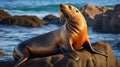 Californian sea lion (Zalophus californianus) posing on a rock in the reefs. generative ai