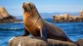 Californian sea lion (Zalophus californianus) posing on a rock in the reefs. generative ai