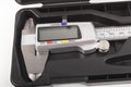 caliper. a device for measuring precision. the size of a part, as well as the diameter. close-up.