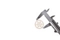Caliper and gear on white background, closeup. Industrial concept Royalty Free Stock Photo