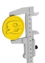 The caliper measures a coin with the British Pound Sterling