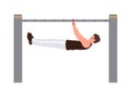 Calisthenics sportsman cartoon character hanging on horizontal bar performing power and strength