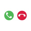 Answer and decline phone call buttons. Green yes-no buttons with handset silhouettes icon. Phone call icons. Vector