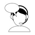 Call center agent with headphones and blank bubble speech in black and white Royalty Free Stock Photo