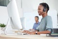 Call center black woman, contact us or CRM consultant with smile for help, telemarketing or consulting customer