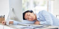 Call center, businessman and sleeping on desk and tired while being overworked and exhausted. Nap, rest and contact us Royalty Free Stock Photo