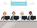 Call center characters. Business customer service agents operator in headset sitting front laptop computers vector