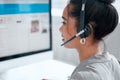 Call center, computer and profile of woman consultant in office for online crm consultation or enquiries. Telemarketing