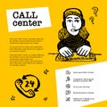 Call center concept. Customer service chat. Web banner with female character with a headset on yellow background. Doodle Royalty Free Stock Photo