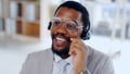 Call center, customer service and happy black man consultant in office for online business with headset. Contact us, crm Royalty Free Stock Photo