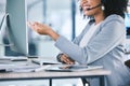 Call center, customer service and a woman talking at computer with microphone. Hand and smile of african person as crm