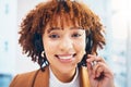 Call center, face and smile portrait of black woman for customer service, sales or crm in office. Person working as Royalty Free Stock Photo