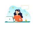 Online internet concept call center girl flat illustration worker with laptop and headphones answer calls Royalty Free Stock Photo