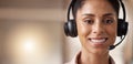 Call center, happy and woman with smile in portrait and contact us, CRM and headset mic with face on mockup space