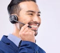 Call center, headset and happy man isolated on a white background for telemarketing, telecom or global support. Asian Royalty Free Stock Photo