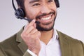 Call center headset of happy man isolated on a white background telemarketing, telecom or global support. Asian Royalty Free Stock Photo