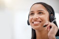Call center headset, professional face and happy woman services, telemarketing sales pitch or callcenter mockup space